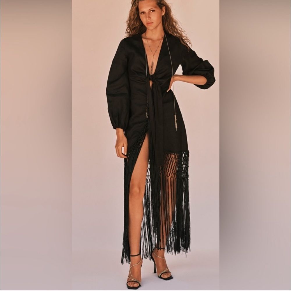 Zara Black Long Sleeve Fringe Maxi Dress